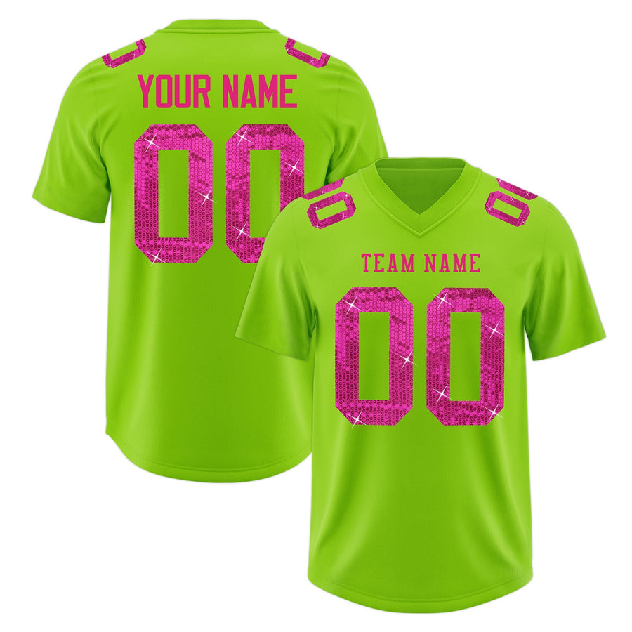 Custom Neon Green Pink sequin lettering Stretch Fabric Football Jersey | BuyFootballJersey