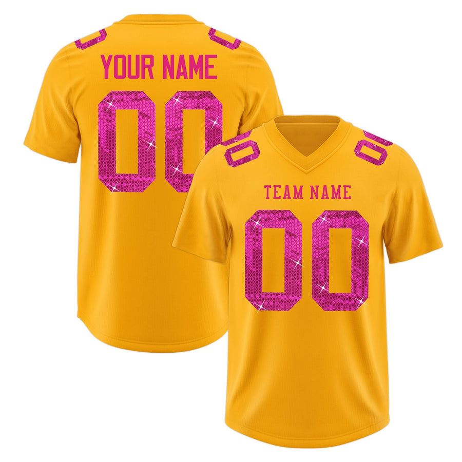 Custom Yellow Pink sequin lettering Moisture-Wicking Football Jersey | BuyFootballJersey