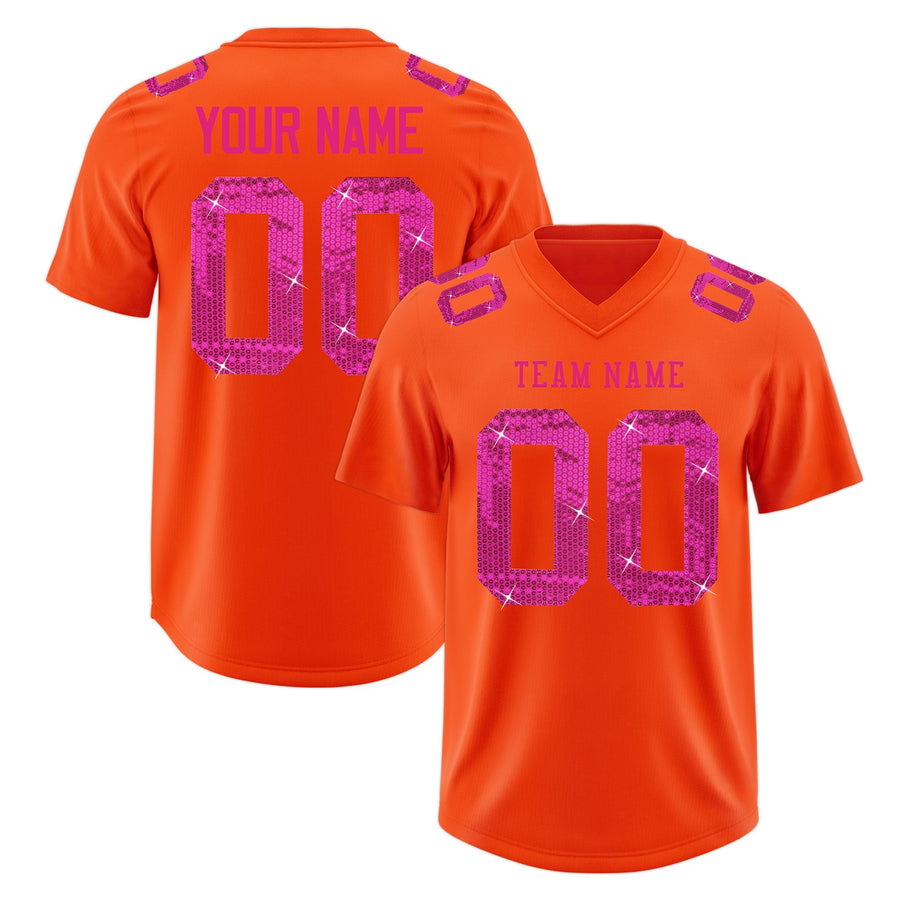 Custom Orange Pink sequin lettering Stretch Fabric Football Jersey | BuyFootballJersey