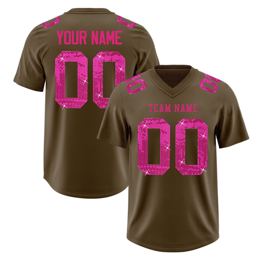 Custom Light Brown Pink sequin lettering Stretch Fabric Football Jersey | BuyFootballJersey