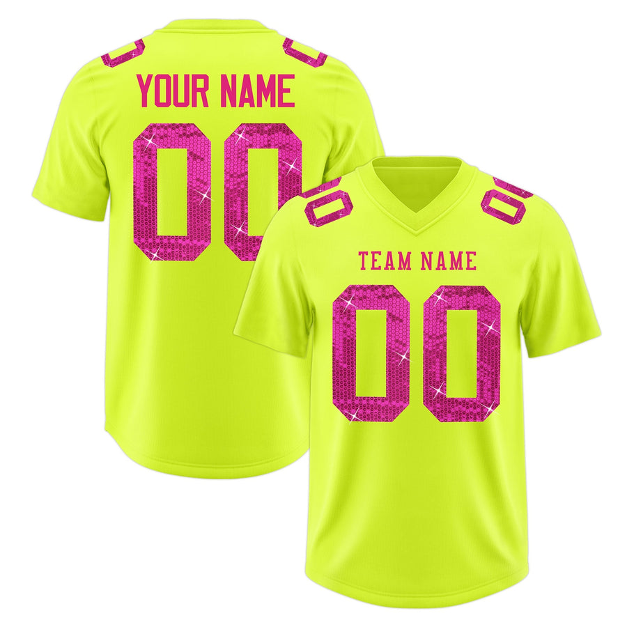 Custom Fluorescent Green Pink sequin lettering Moisture-Wicking Football Jersey | BuyFootballJersey