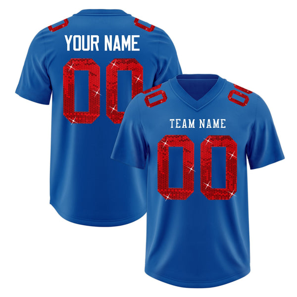 Custom Royal White sequin lettering Stretch Fabric Football Jersey | BuyFootballJersey