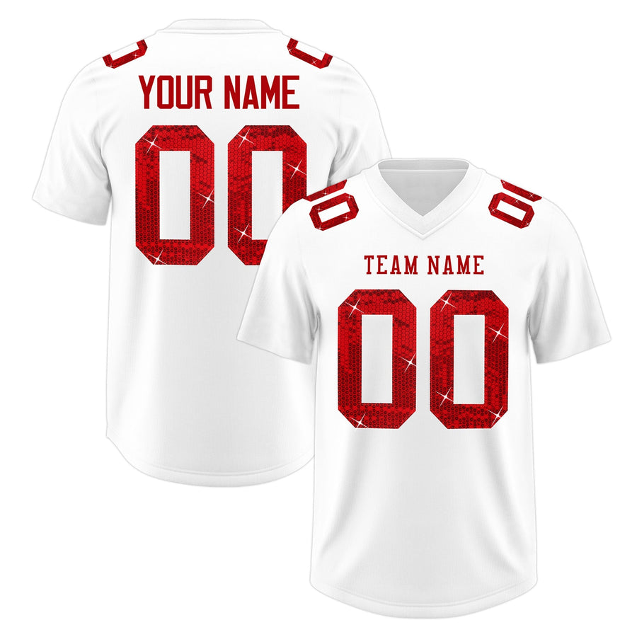 Custom White Red sequin lettering Moisture-Wicking Football Jersey | BuyFootballJersey