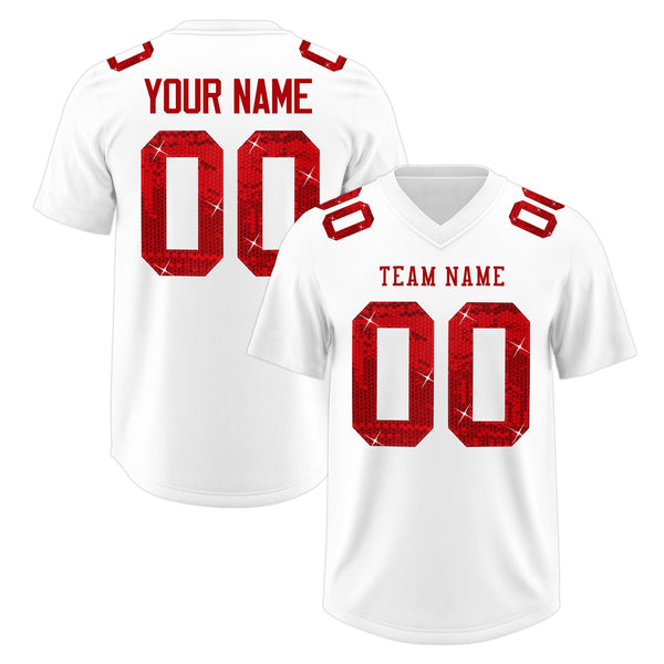 Custom White Red sequin lettering Moisture-Wicking Football Jersey | BuyFootballJersey