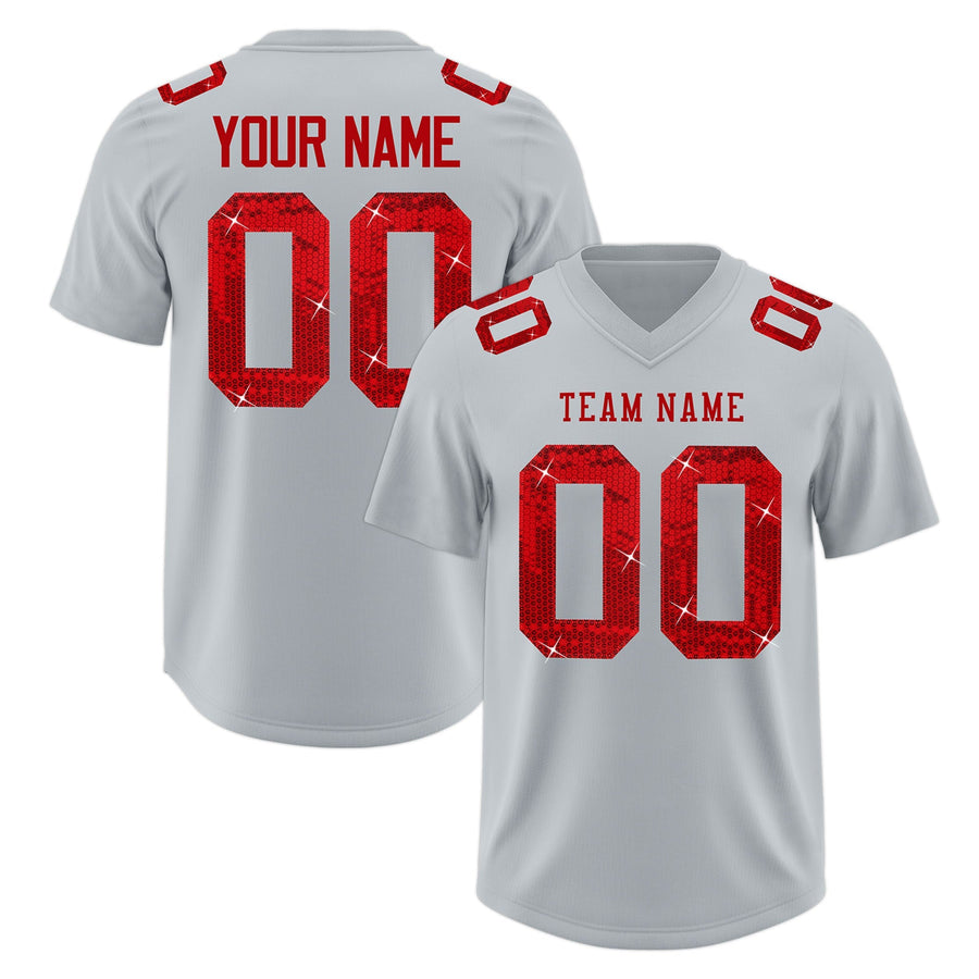 Custom Silver Red sequin lettering Stretch Fabric Football Jersey | BuyFootballJersey
