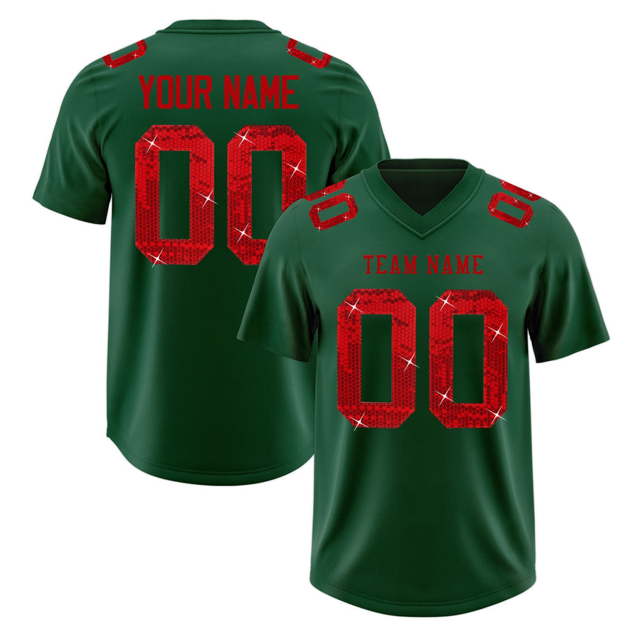 Custom Dark Green Red sequin lettering Stretch Fabric Football Jersey | BuyFootballJersey