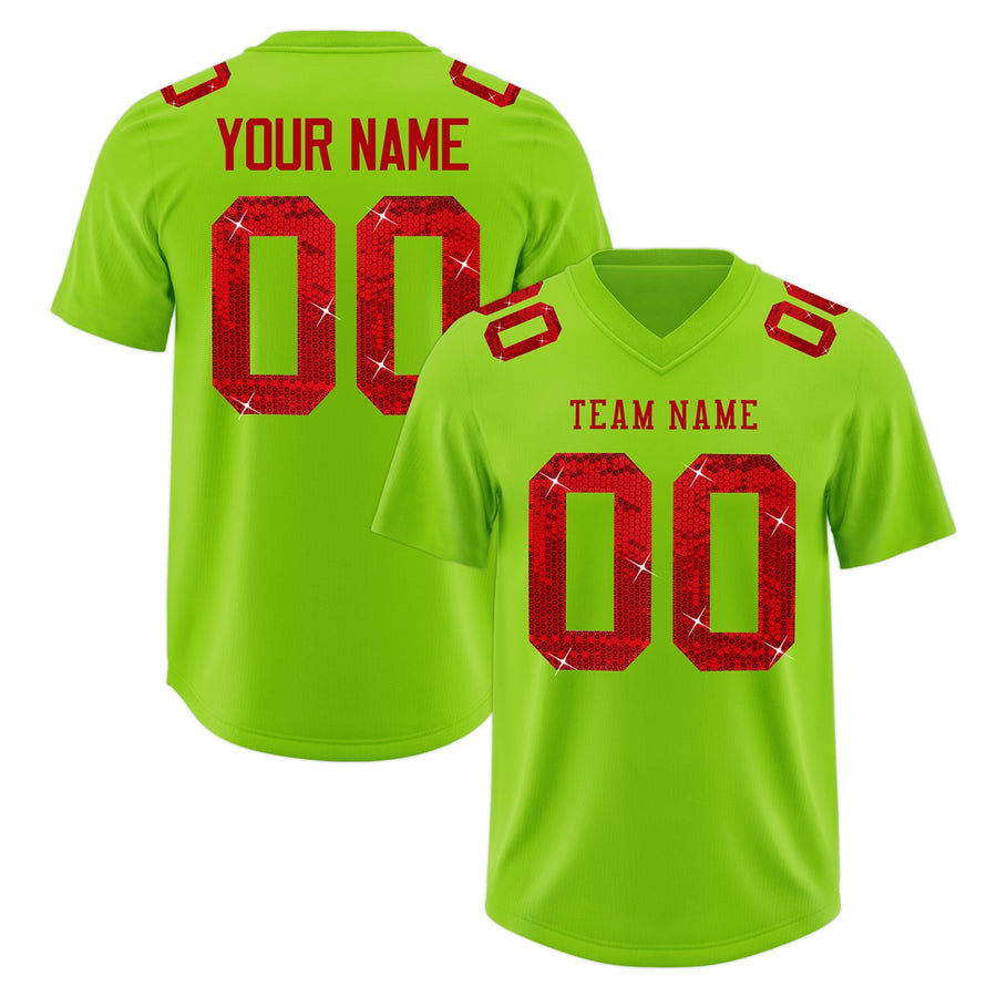 Custom Neon Green Red sequin lettering Moisture-Wicking Football Jersey | BuyFootballJersey
