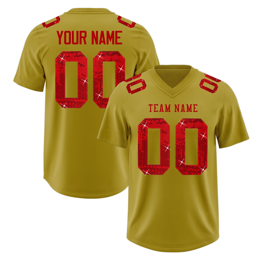 Custom Old Gold Red sequin lettering Stretch Fabric Football Jersey | BuyFootballJersey