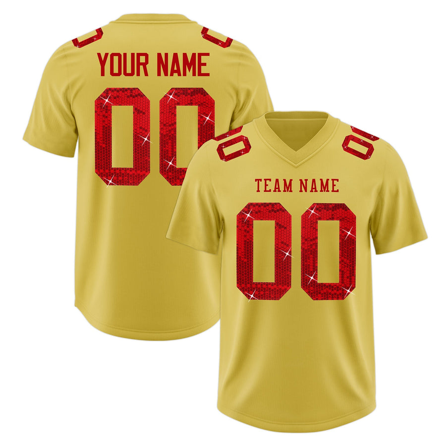Custom Old Gold Red sequin lettering Moisture-Wicking Football Jersey | BuyFootballJersey