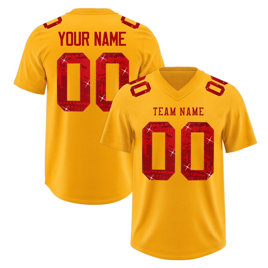 Custom Yellow Red sequin lettering Breathable Football Jersey | BuyFootballJersey