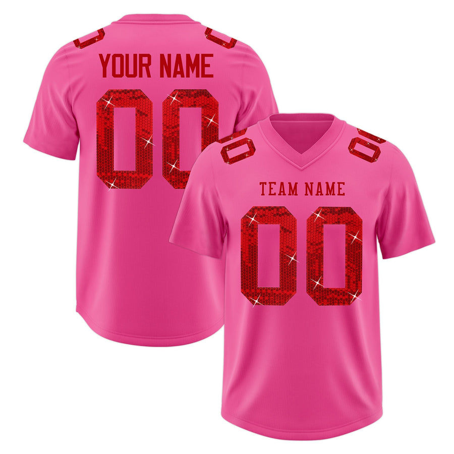 Custom Pink Red sequin lettering Stretch Fabric Football Jersey | BuyFootballJersey
