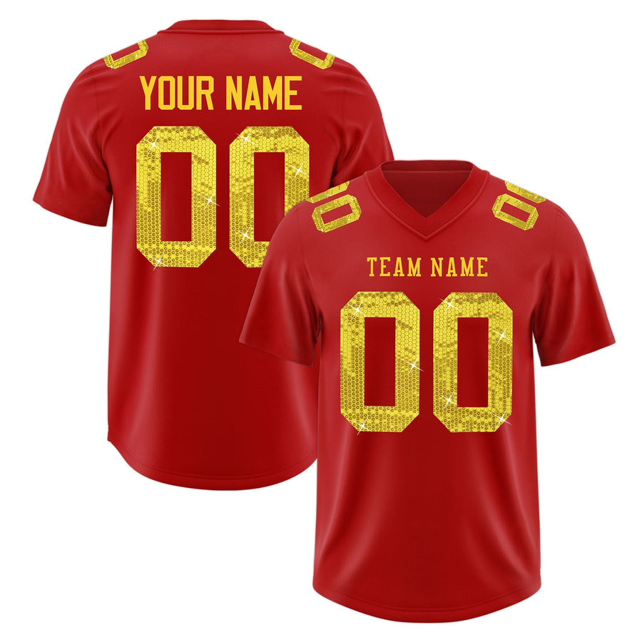 Custom Red Gold sequin lettering Moisture-Wicking Football Jersey | BuyFootballJersey