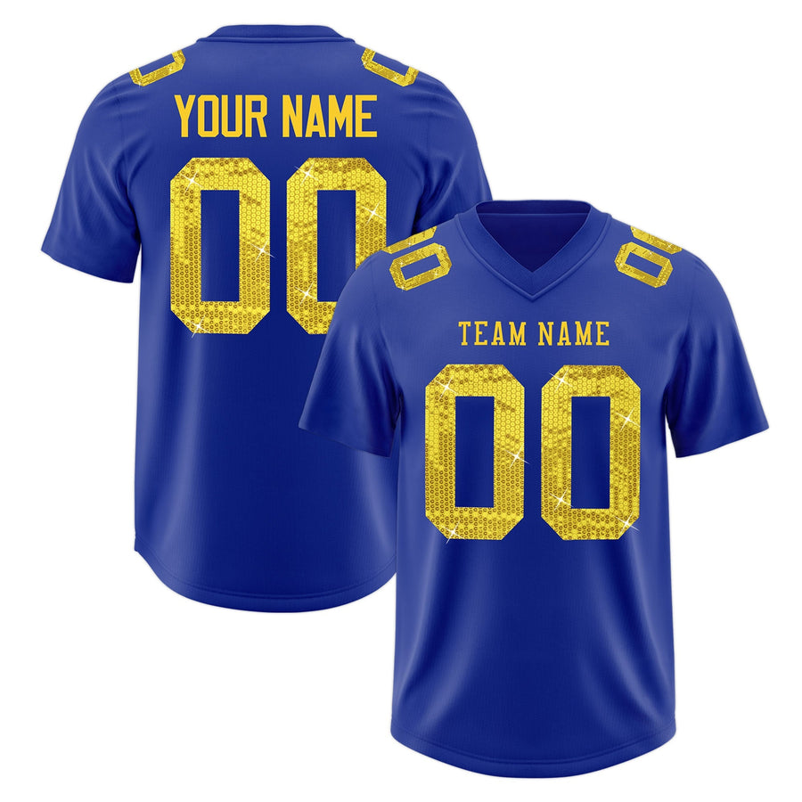 Custom Royal Blue Gold sequin lettering Moisture-Wicking Football Jersey | BuyFootballJersey