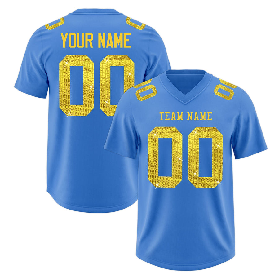 Custom Powder Blue Gold sequin lettering Breathable Football Jersey | BuyFootballJersey