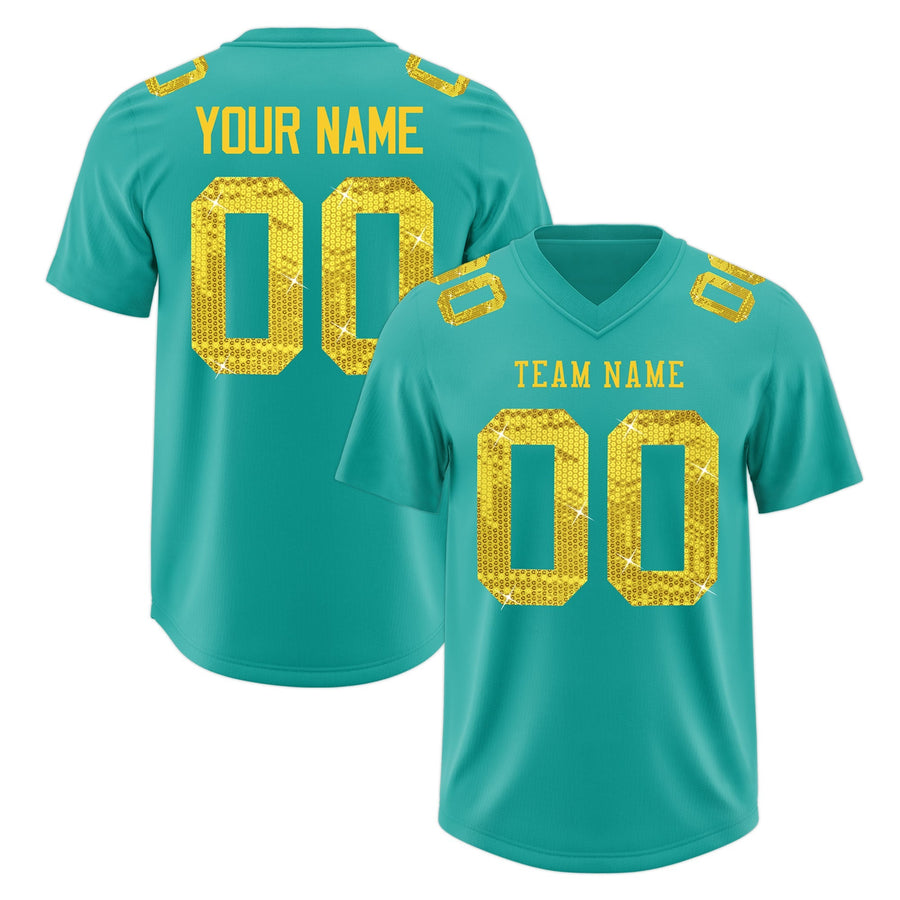 Custom Teal Gold sequin lettering Moisture-Wicking Football Jersey | BuyFootballJersey