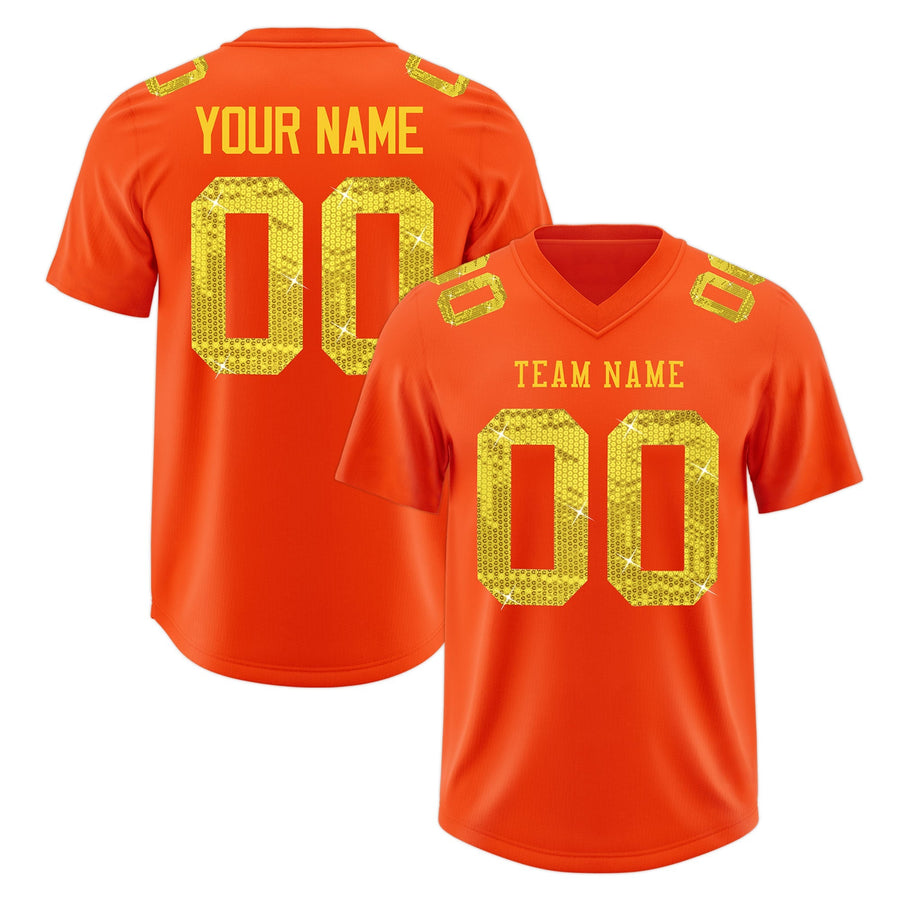 Custom Orange Gold sequin lettering Stretch Fabric Football Jersey | BuyFootballJersey
