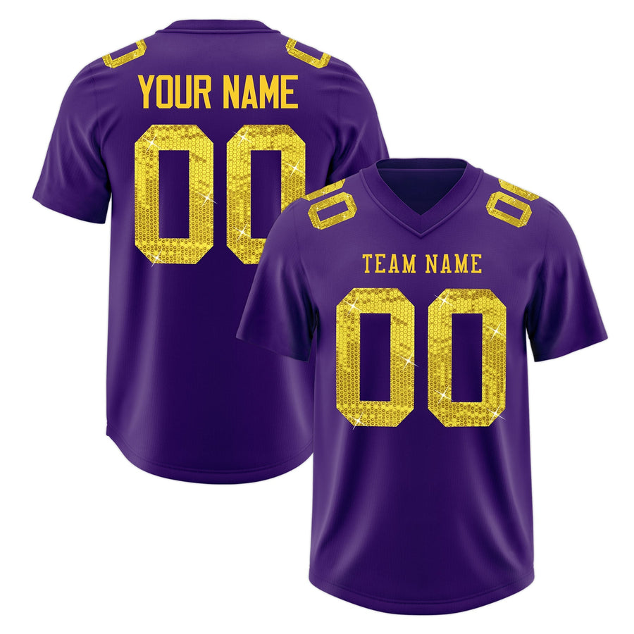 Custom Purple Gold sequin lettering Moisture-Wicking Football Jersey | BuyFootballJersey