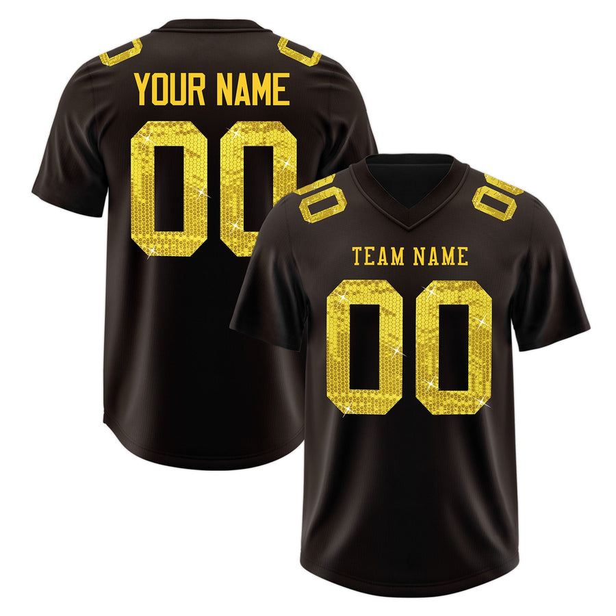 Custom Brown Gold sequin lettering Stretch Fabric Football Jersey | BuyFootballJersey