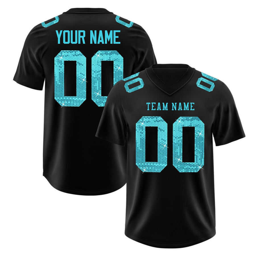 Custom Black Sky Blue sequin lettering Breathable Football Jersey | BuyFootballJersey