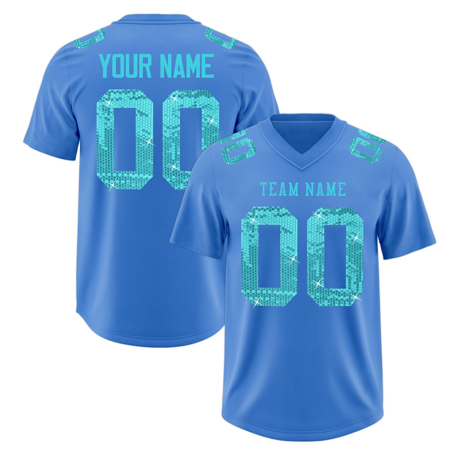 Custom Powder Blue Sky Blue sequin lettering Stretch Fabric Football Jersey | BuyFootballJersey