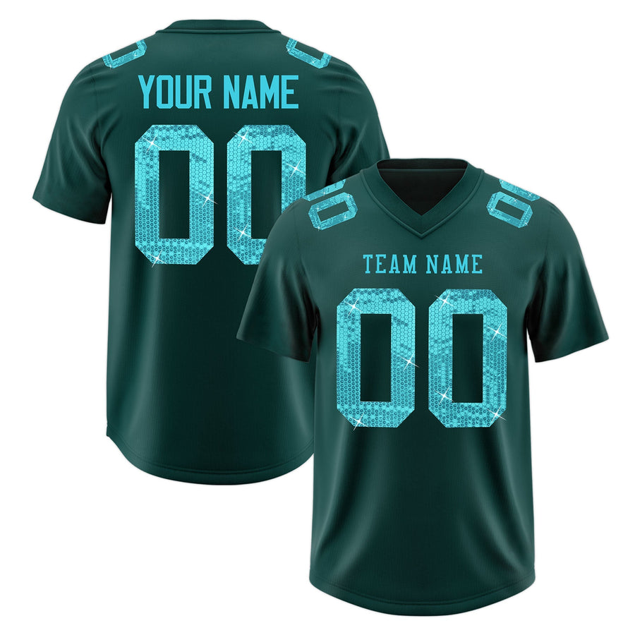 Custom Midnight Green Sky Blue sequin lettering Moisture-Wicking Football Jersey | BuyFootballJersey