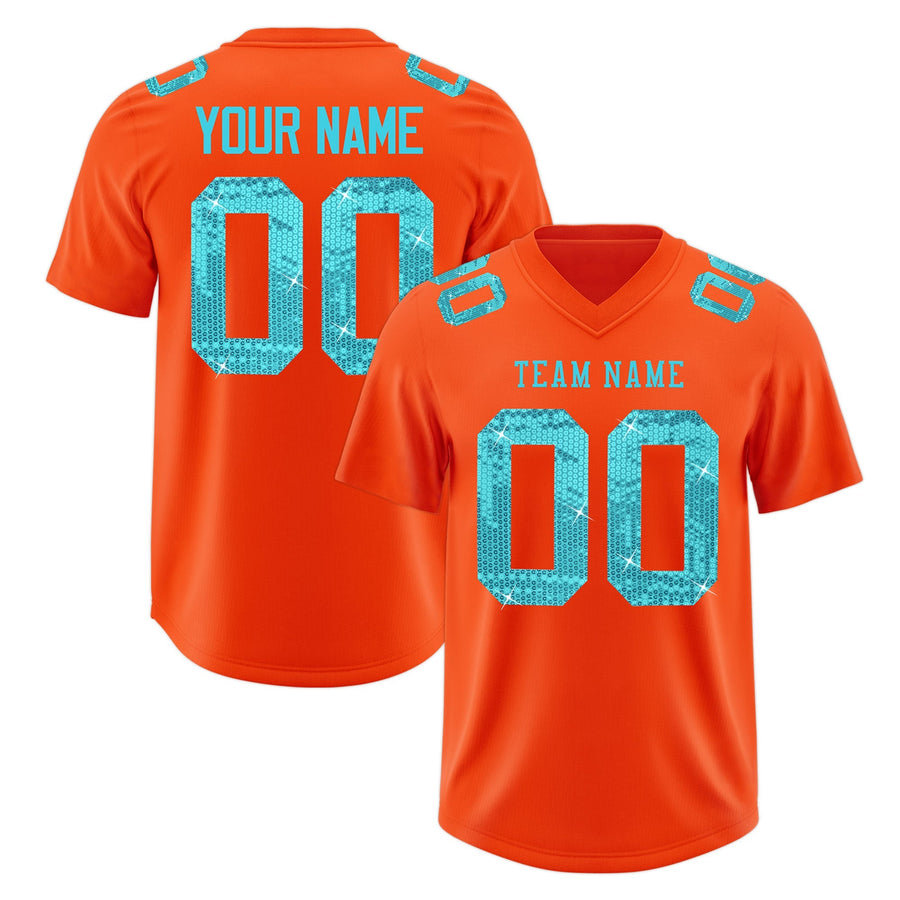 Custom Orange Sky Blue sequin lettering Breathable Football Jersey | BuyFootballJersey