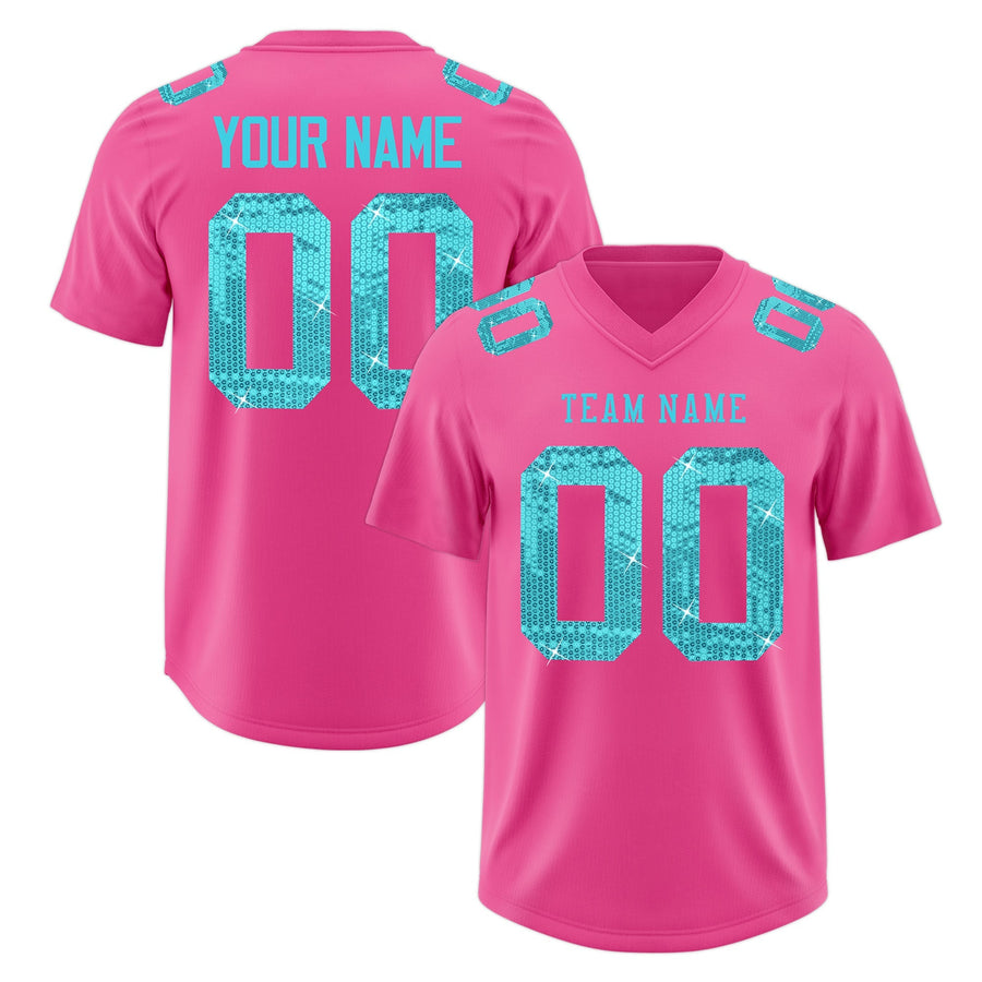 Custom Pink Sky Blue sequin lettering Stretch Fabric Football Jersey | BuyFootballJersey