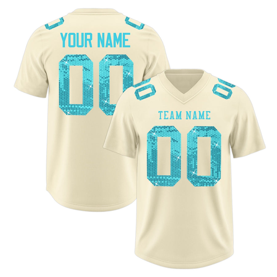 Custom Cream Sky Blue sequin lettering Moisture-Wicking Football Jersey | BuyFootballJersey
