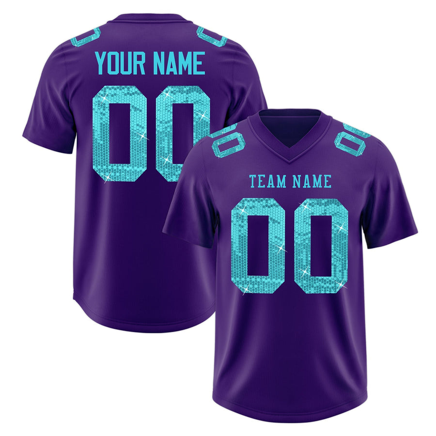Custom Purple Sky Blue sequin lettering Breathable Football Jersey | BuyFootballJersey