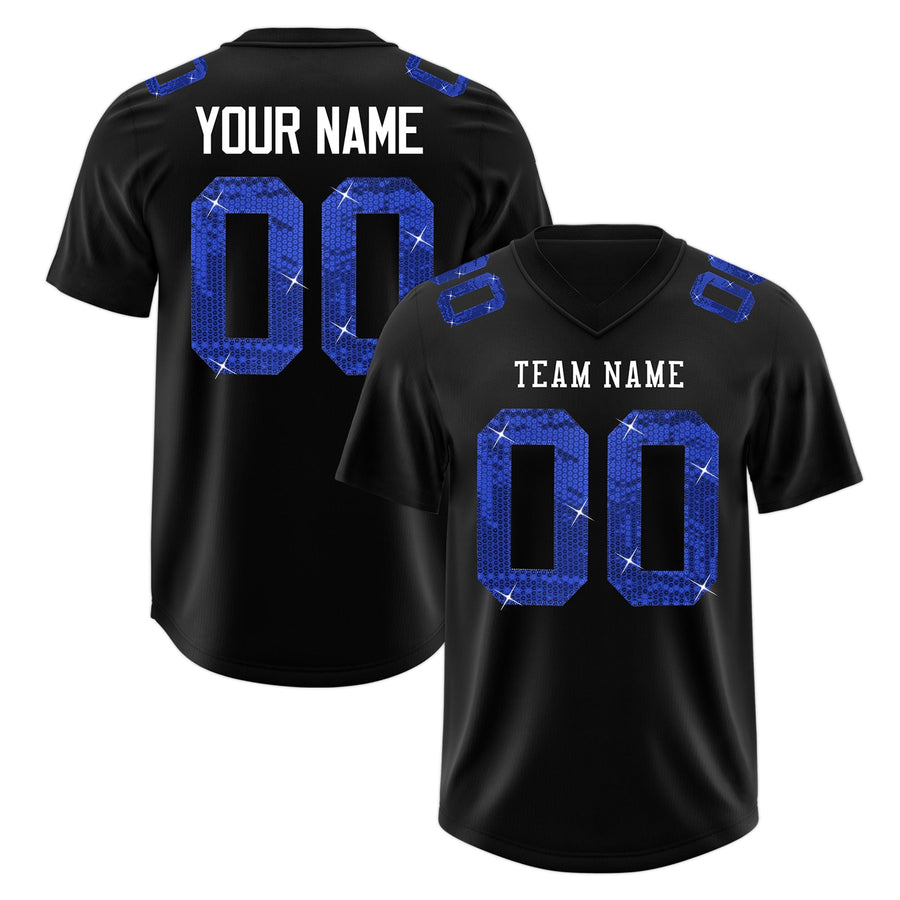 Custom Black White sequin lettering Stretch Fabric Football Jersey | BuyFootballJersey