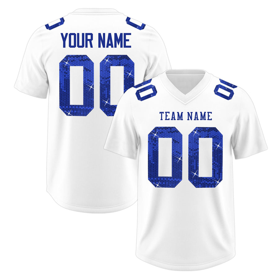 Custom White Royal Blue sequin lettering Moisture-Wicking Football Jersey | BuyFootballJersey