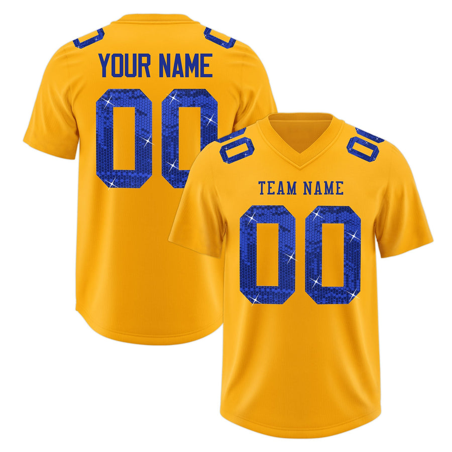 Custom Yellow Royal Blue sequin lettering Breathable Football Jersey | BuyFootballJersey
