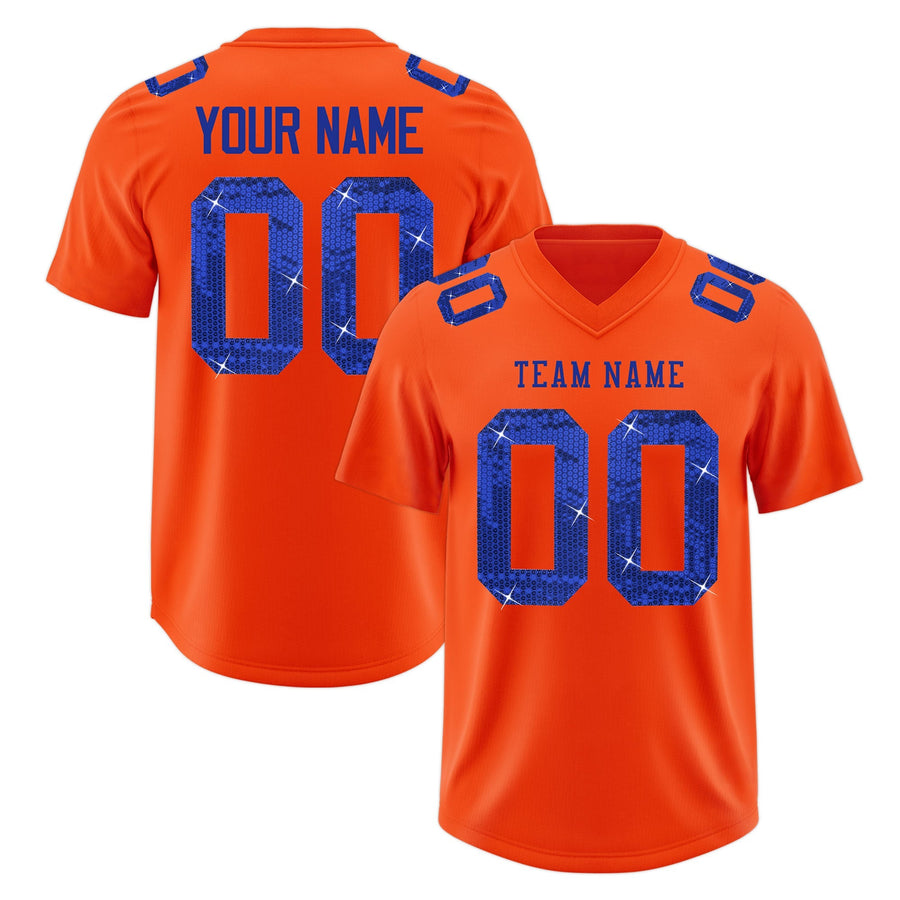 Custom Orange Royal Blue sequin lettering Stretch Fabric Football Jersey | BuyFootballJersey