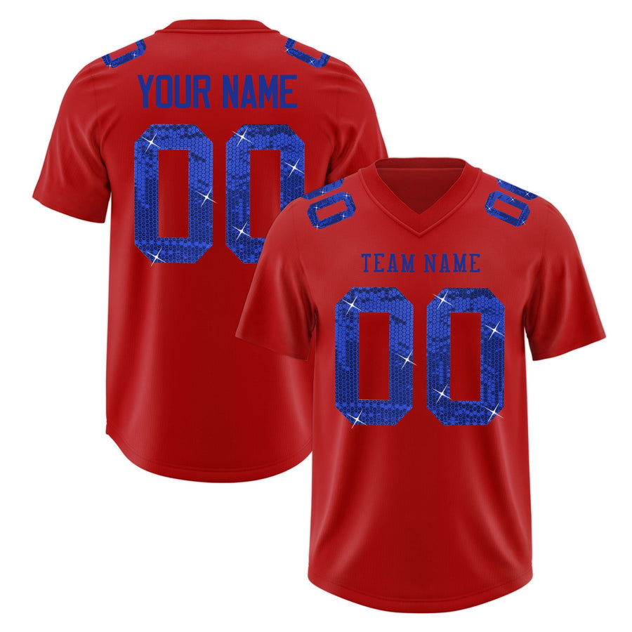 Custom Red Royal Blue sequin lettering Moisture-Wicking Football Jersey | BuyFootballJersey