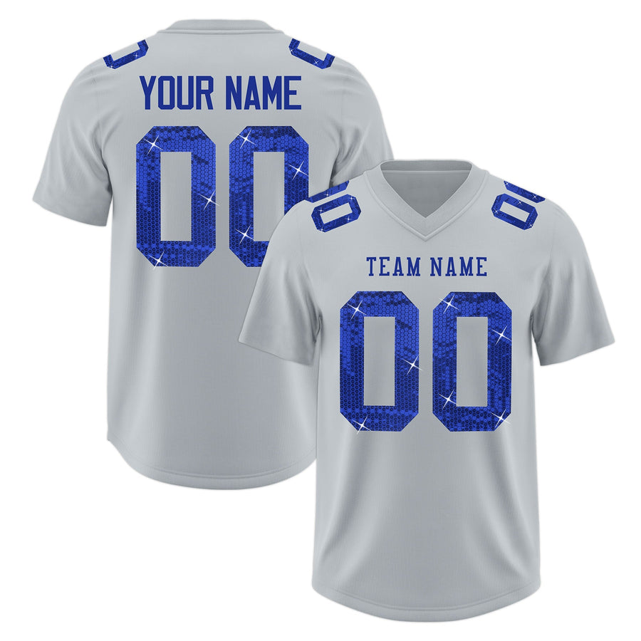Custom Silver Royal Blue sequin lettering Breathable Football Jersey | BuyFootballJersey