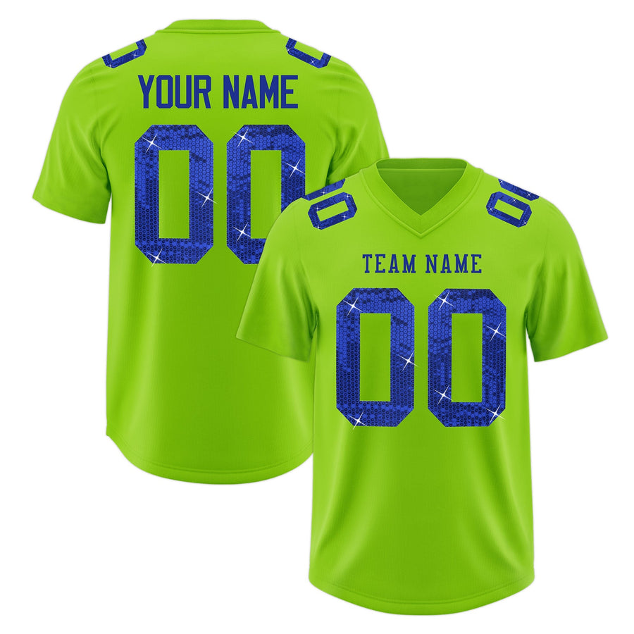 Custom Neon Green Royal Blue sequin lettering Stretch Fabric Football Jersey | BuyFootballJersey