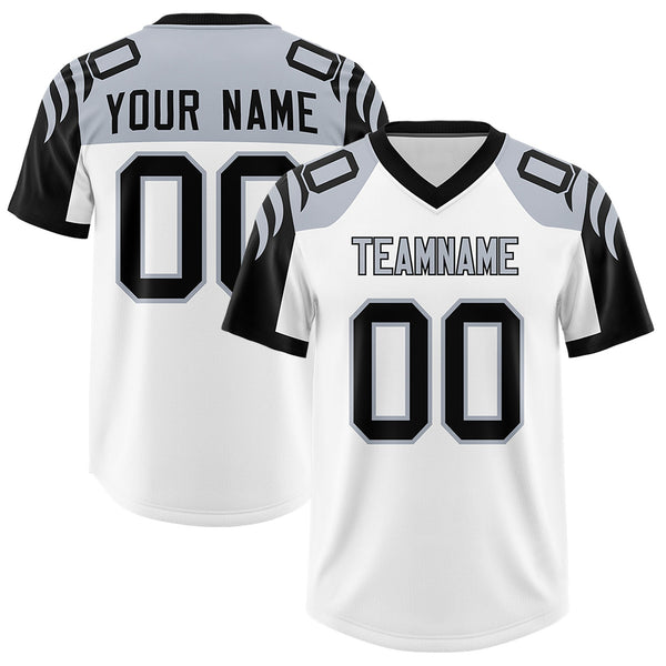 Custom White Black Raglan Sleeves Personalized Pattern Football Jersey | BuyFootballJersey