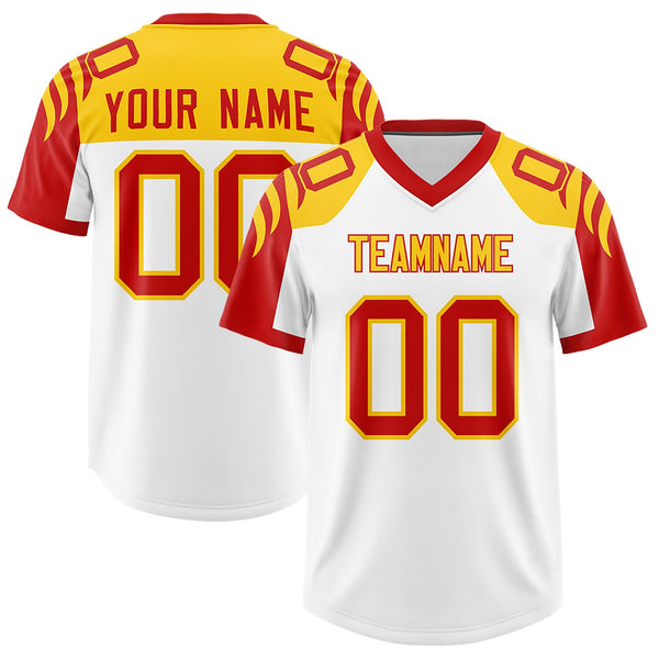 Custom White Red Raglan Sleeves Personalized Pattern Football Jersey | BuyFootballJersey
