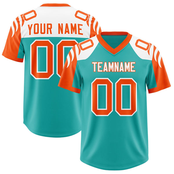 Custom Aqua Orange Raglan Sleeves Personalized Pattern Football Jersey | BuyFootballJersey