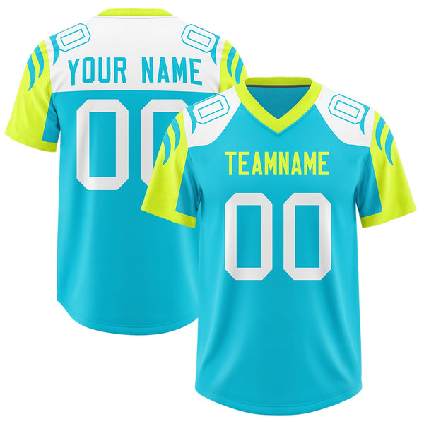 Custom Sky Blue Fluorescent Green Raglan Sleeves Personalized Pattern Football Jersey | BuyFootballJersey