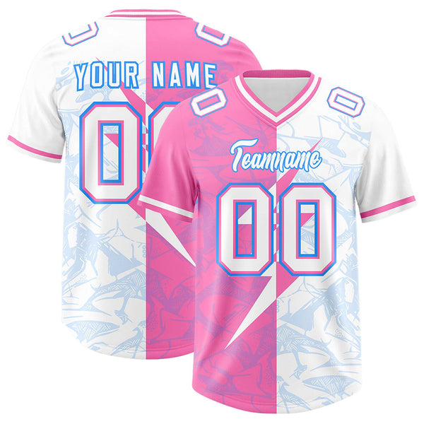Custom White Pink Split Personalized Lightning Pattern Football Jersey | BuyFootballJersey