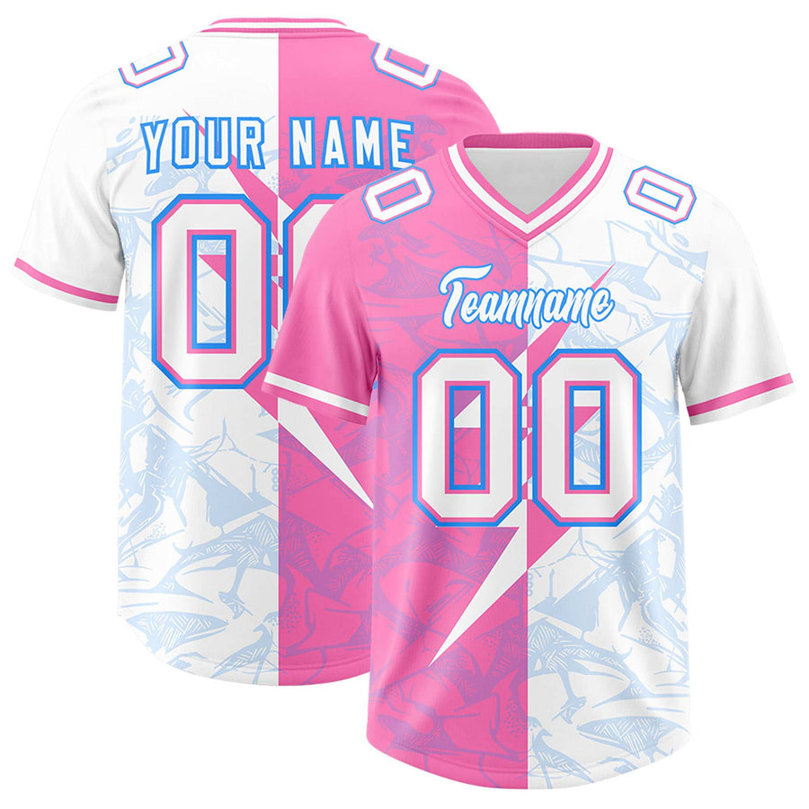 Custom White Pink Split Personalized Lightning Pattern Football Jersey | BuyFootballJersey