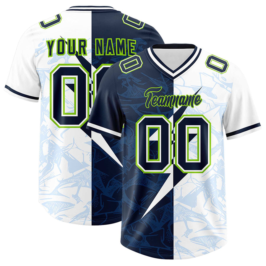 Custom White Navy Split Personalized Lightning Pattern Football Jersey | BuyFootballJersey