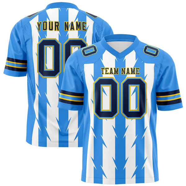 Custom White Powder Blue Personalized Razr Stripe Graffiti Pattern Flag Football Jersey | BuyFootballJersey