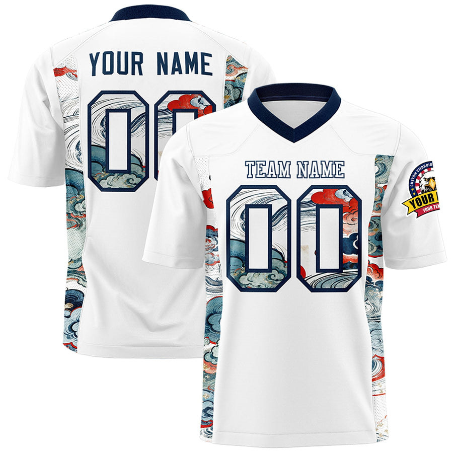 Custom White Navy Ukiyo-e Auspicious Clouds Graffiti Pattern Football Jersey | BuyFootballJersey