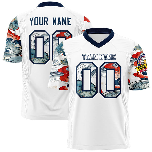 Custom White Navy Sleeve Ukiyo-e Auspicious Clouds Graffiti Pattern Football Jersey | BuyFootballJersey