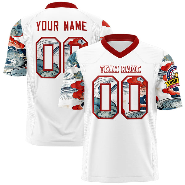 Custom White Red Sleeve Ukiyo-e Auspicious Clouds Graffiti Pattern Football Jersey | BuyFootballJersey