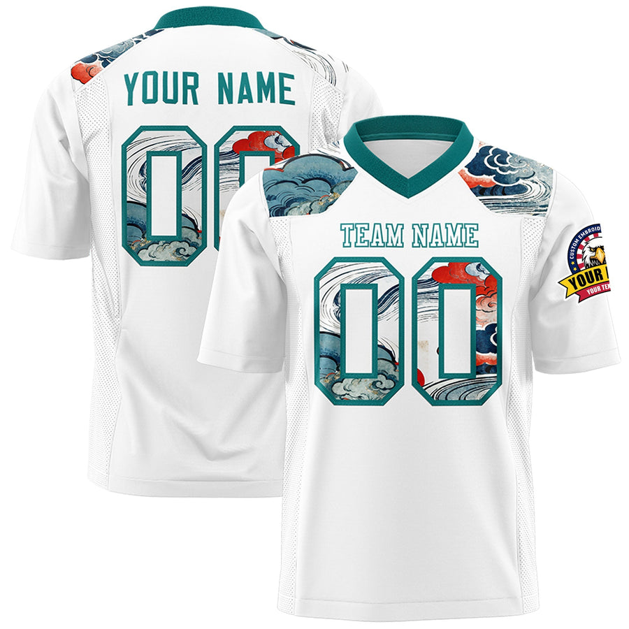 Custom Teal White Ukiyo-e Auspicious Clouds Graffiti Pattern Football Jersey | BuyFootballJersey