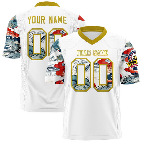 Custom White Old Gold Sleeve Ukiyo-e Auspicious Clouds Graffiti Pattern Football Jersey | BuyFootballJersey