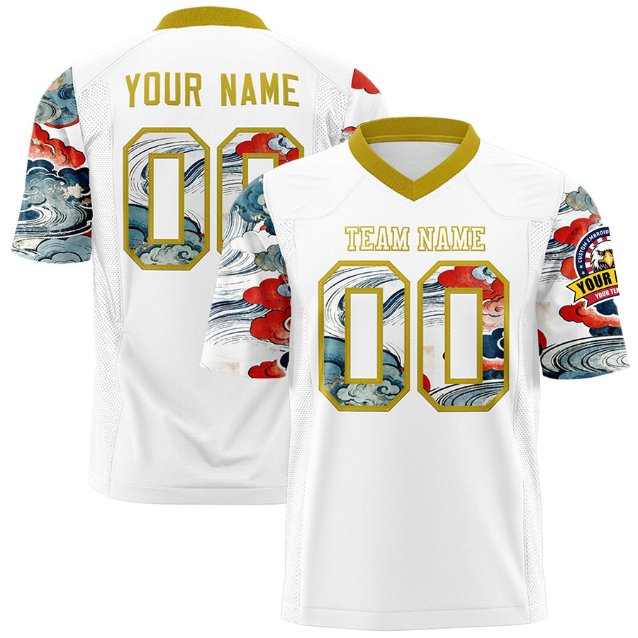 Custom White Old Gold Sleeve Ukiyo-e Auspicious Clouds Graffiti Pattern Football Jersey | BuyFootballJersey